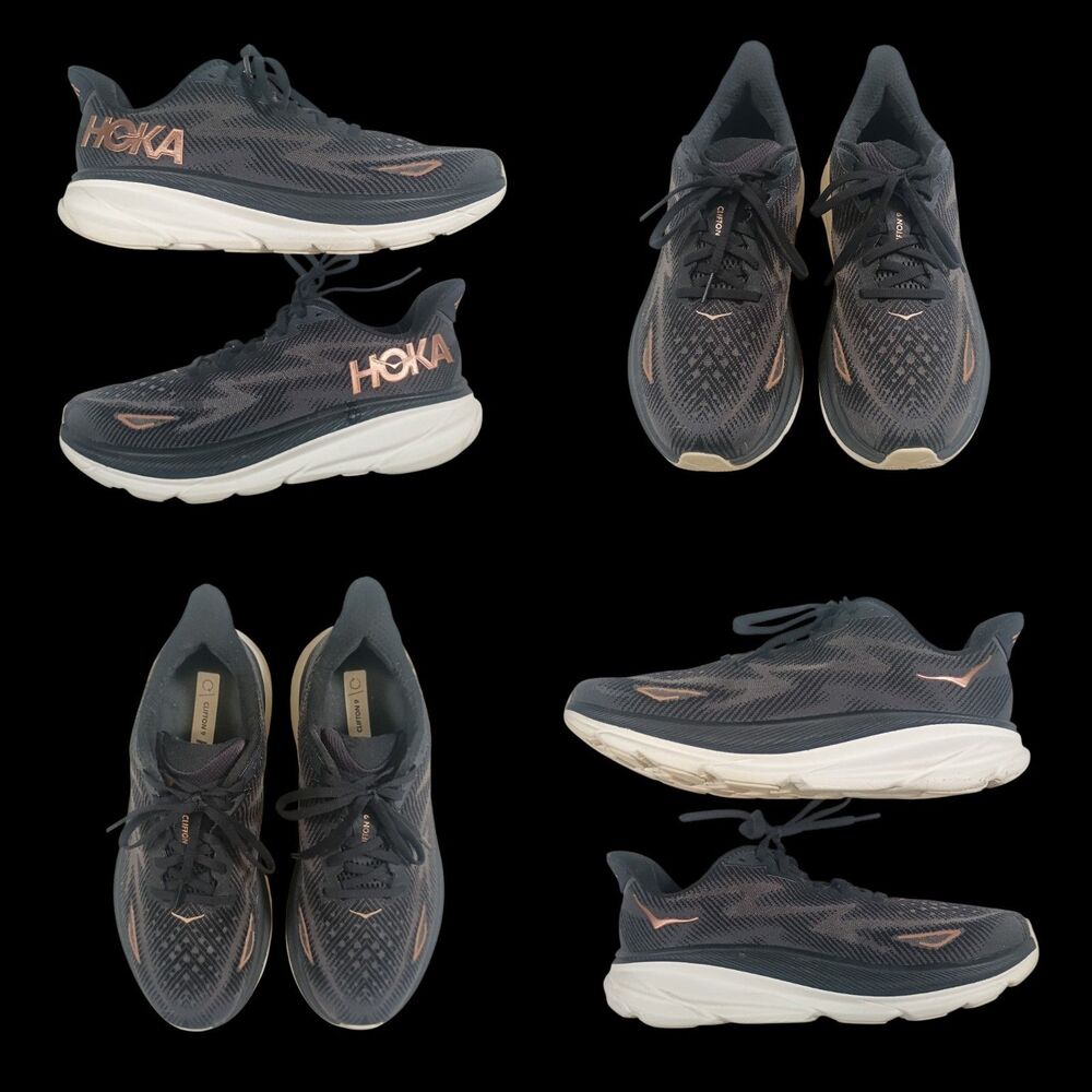 Hoka One One Clifton 9 Size 9.5D Shoes Running Black Rose Gold Jogging Walking